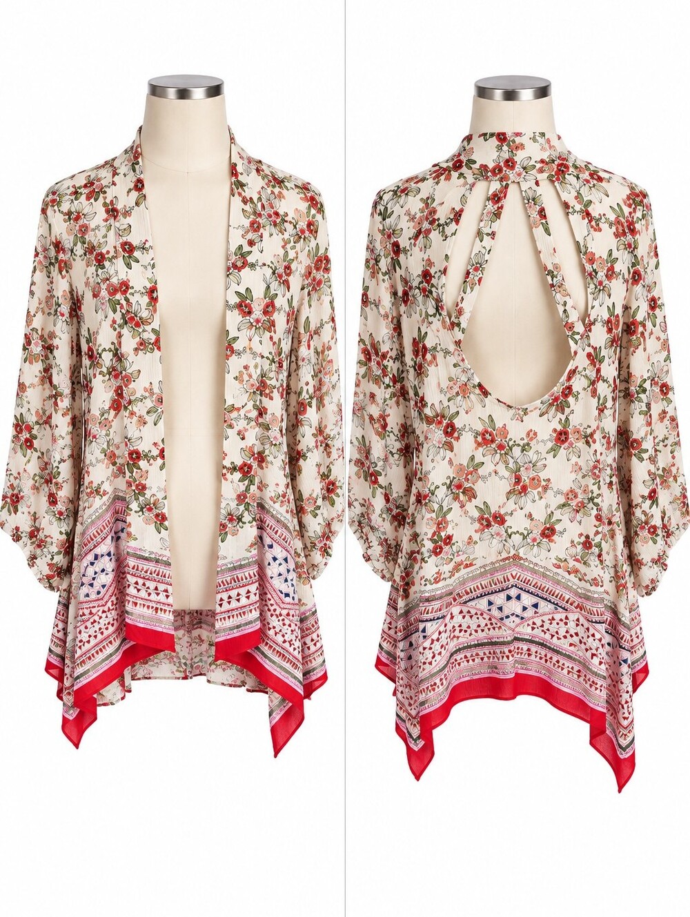 Patrons of Peace Boho Floral Kimono Cardigan L Large Cutout Back Open Front